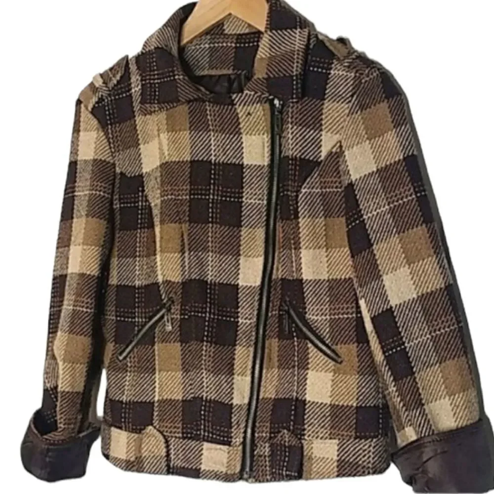 Vintage Brown Plaid Cropped Asymetrical Zip Up Jacket size M